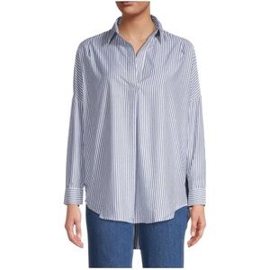 French Connection Rhodes High-Low Striped Top Cotton Shirt Blue White Sz Medium